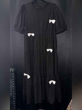 DAZY Black Tiered Midi Dress with White Bows